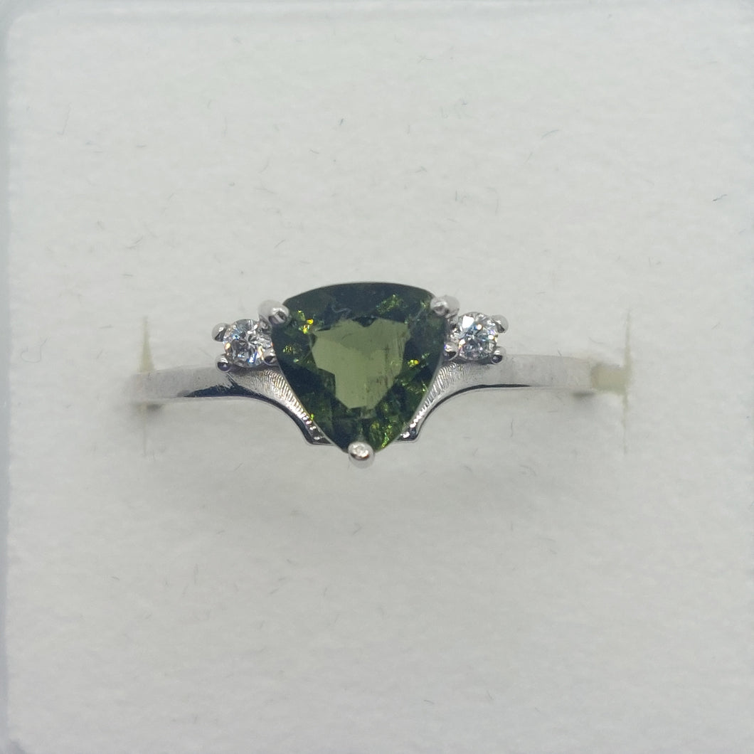 Ring Moldavite 7mm Trillion with CZ