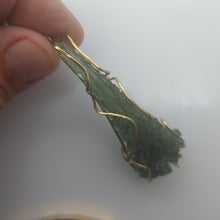 Load image into Gallery viewer, Moldavite Pendant 14K Collectors Piece Intact Jezkovna Drop Shape with CZECH Gemologist Certificate of Authenticity
