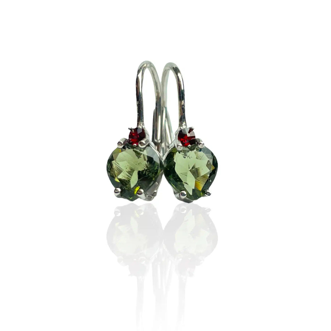 Earrings Moldavite  7mm heart w/garnet