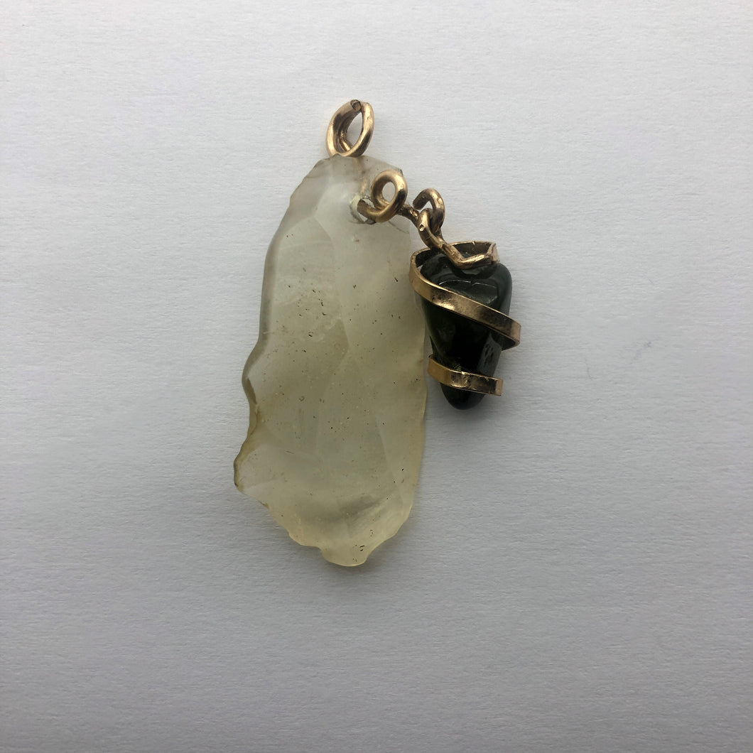 Tumbled Moldavite/Libyan Desert Glass Crystal Combo Pendant - 14k Gold Filled - 9.35gr - New England Artisan Crafted -