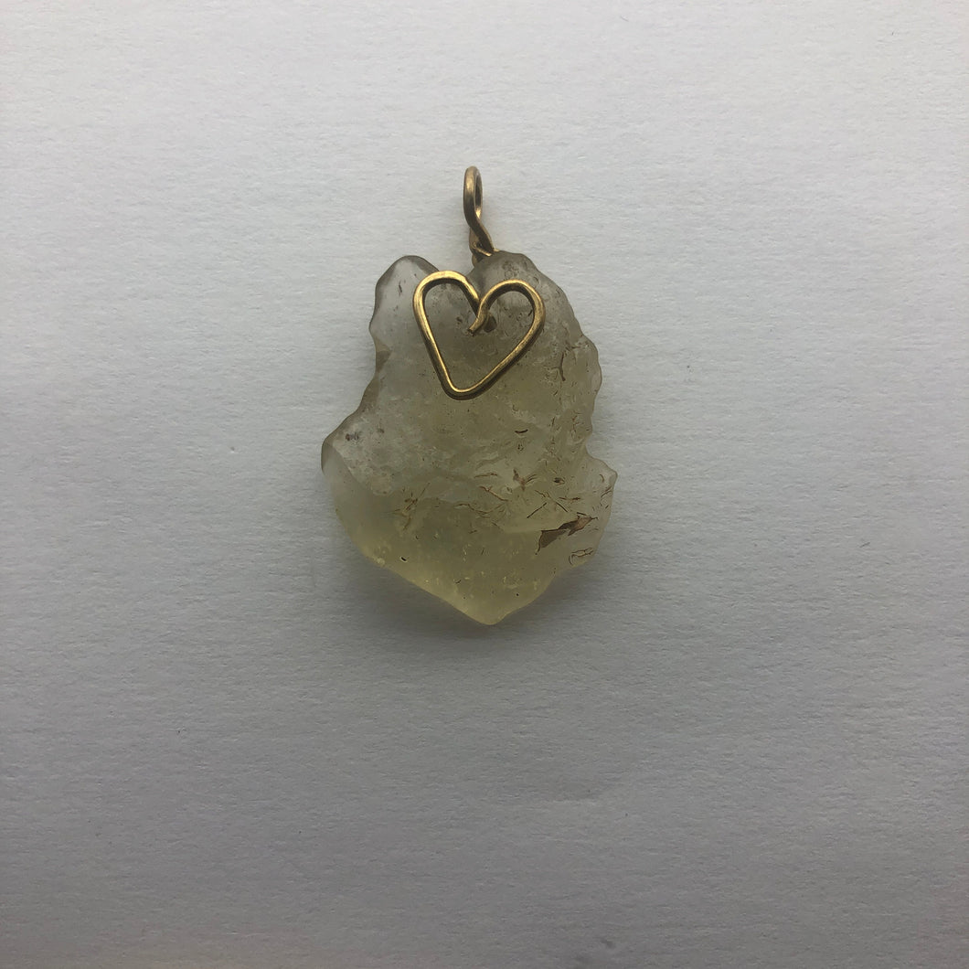 Libyan Desert Glass Pendant  - 14k Gold Filled Heart Shaped Bail- 6.23GR/31.15CT - New England Artisan Crafted -