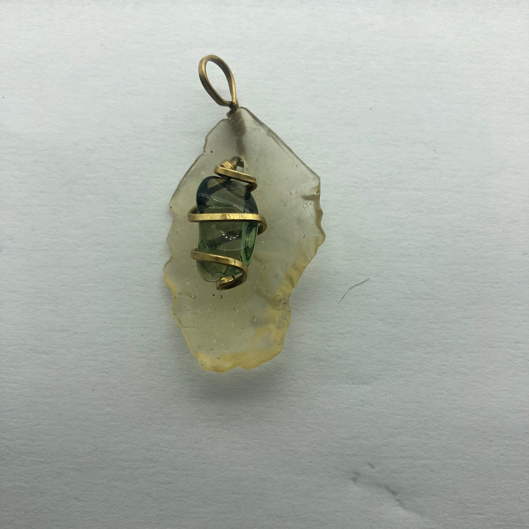 Tumbled Moldavite/Libyan Desert Glass Crystal Combo Pendant - 14k Gold Filled - 7.32gr - New England Artisan Crafted -