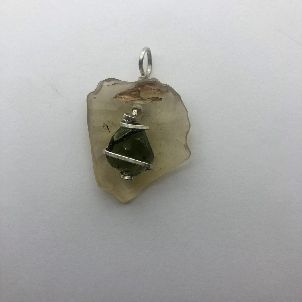 Tumbled Moldavite with Libyan Desert Glass Crystal Combo Pendant- 9.67gr - New England Artisan Crafted -