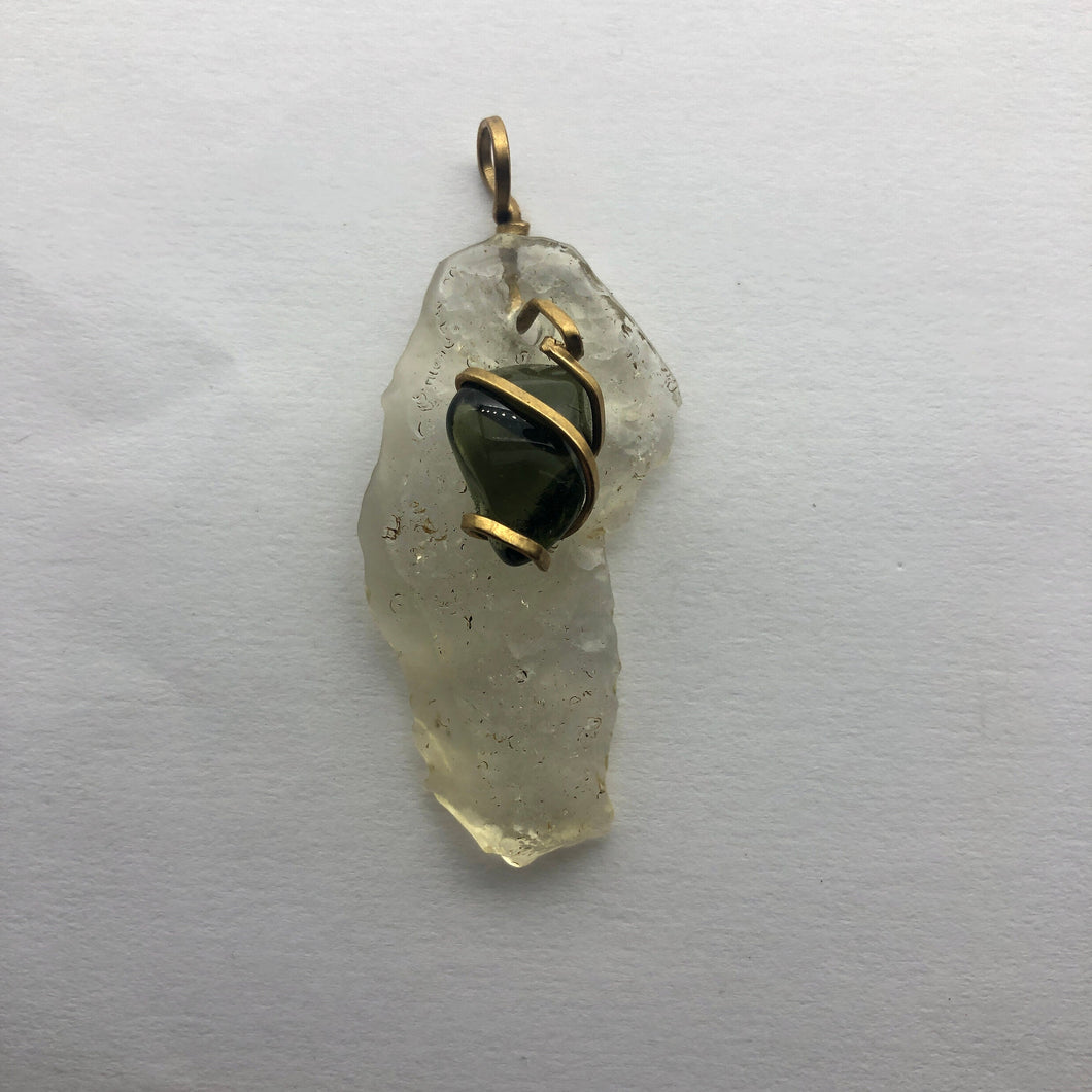 Tumbled Moldavite/Libyan Desert Glass Crystal Combo Pendant - 14k Gold Filled - 6.88gr - New England Artisan Crafted -