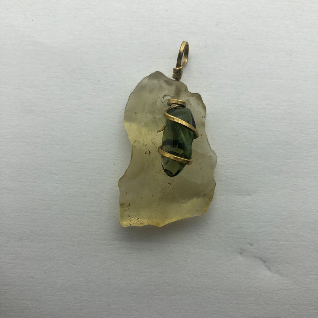 Tumbled Moldavite/Libyan Desert Glass Crystal Combo Pendant - 14k Gold Filled - 10.25gr - New England Artisan Crafted -