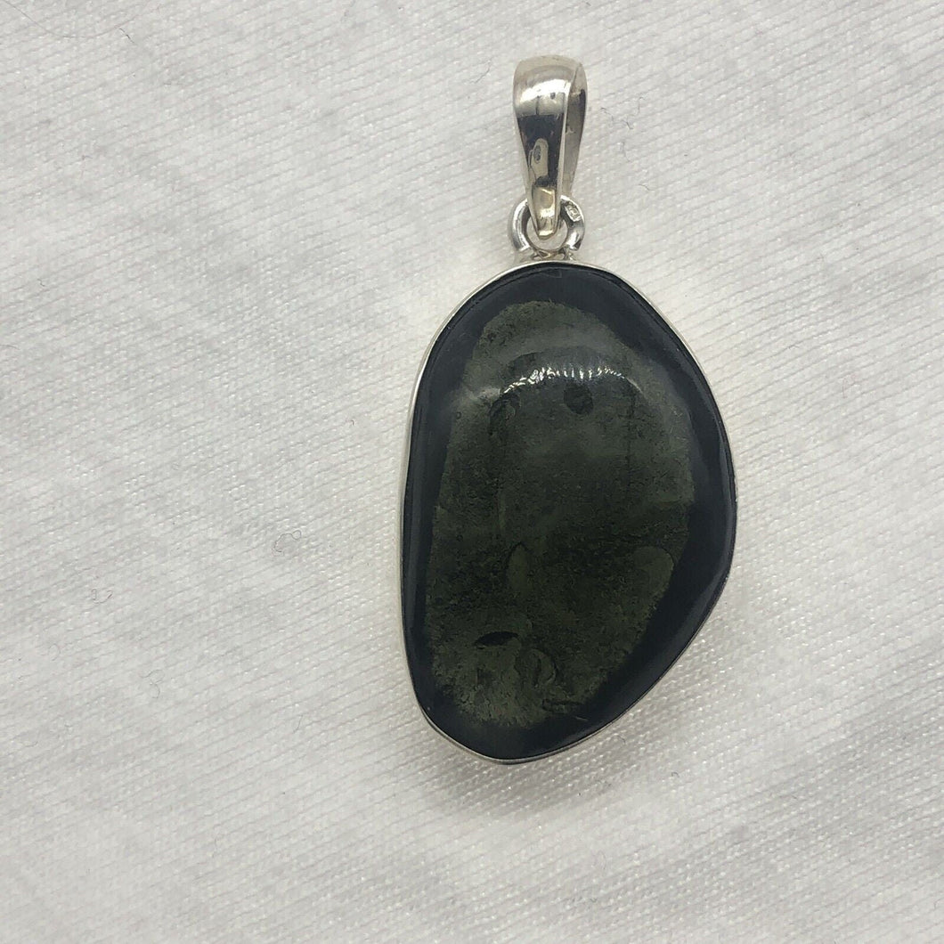 Moldavite Cabachon  Pendant 925 Silver Bezel Set Metaphysical Crystal  39.75 Ct