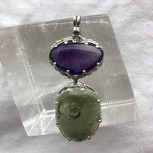 Load image into Gallery viewer, Artisan Crafted Moldavite Cabochon   Deer Hill Amethyst Sterling Silver Pendant
