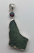 Load image into Gallery viewer, Moldavite Pendant w/Garnet  925  Bezel Set w/Certificate of Authenticity 6.1gr
