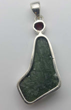 Load image into Gallery viewer, Moldavite Pendant w/Garnet  925  Bezel Set w/Certificate of Authenticity 6.1gr
