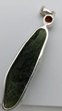 Load image into Gallery viewer, Moldavite Pendant w/Garnet  925  Bezel Set w/Certificate of Authenticity 9.06gr
