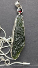 Load image into Gallery viewer, Moldavite Pendant w/Garnet  925  Bezel Set w/Certificate of Authenticity 9.06gr
