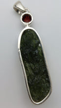 Load image into Gallery viewer, Moldavite Pendant w/Garnet  925  Bezel Set w/Certificate of Authenticity 6.95gr
