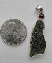 Load image into Gallery viewer, Moldavite Pendant w/Garnet  925  Bezel Set w/Certificate of Authenticity 5.93gr
