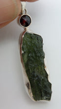 Load image into Gallery viewer, Moldavite Pendant w/Garnet  925  Bezel Set w/Certificate of Authenticity 6.95gr
