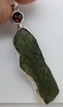 Load image into Gallery viewer, Moldavite Pendant w/Garnet  925  Bezel Set w/Certificate of Authenticity 5.66gr
