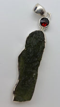 Load image into Gallery viewer, Moldavite Pendant w/Garnet  925  Bezel Set w/Certificate of Authenticity 5.66gr
