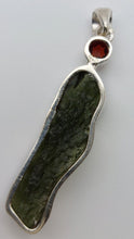 Load image into Gallery viewer, Moldavite Pendant w/Garnet  925  Bezel Set w/Certificate of Authenticity 5.66gr
