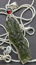 Load image into Gallery viewer, Moldavite Pendant w/Garnet  925  Bezel Set w/Certificate of Authenticity 5.66gr
