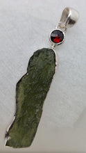 Load image into Gallery viewer, Moldavite Pendant w/Garnet  925  Bezel Set w/Certificate of Authenticity 5.66gr
