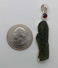 Load image into Gallery viewer, Moldavite Pendant w/Garnet  925  Bezel Set w/Certificate of Authenticity 5.66gr
