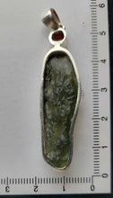 Load image into Gallery viewer, Moldavite Pendant w/Garnet  925  Bezel Set w/Certificate of Authenticity 6.7gr
