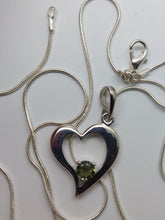 Load image into Gallery viewer, Moldavite Pendant 6mm Round Faceted Gem set in 925 Silver Heart Shape with COA
