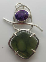 Load image into Gallery viewer, Artisan Crafted Moldavite Cabochon + Deer Hill Amethyst Sterling Silver Pendant
