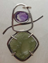 Load image into Gallery viewer, Artisan Crafted Moldavite Cabochon + Deer Hill Amethyst Sterling Silver Pendant
