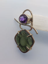 Load image into Gallery viewer, Artisan Crafted Moldavite Cabochon + Deer Hill Amethyst Sterling Silver Pendant
