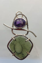 Load image into Gallery viewer, Artisan Crafted Moldavite Cabochon + Deer Hill Amethyst Sterling Silver Pendant
