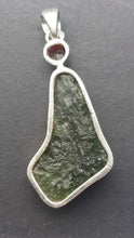 Load image into Gallery viewer, Moldavite Pendant w/Garnet  925  Bezel Set w/Certificate of Authenticity 6.1gr
