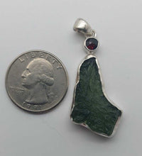 Load image into Gallery viewer, Moldavite Pendant w/Garnet  925  Bezel Set w/Certificate of Authenticity 6.1gr
