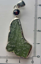 Load image into Gallery viewer, Moldavite Pendant w/Garnet  925  Bezel Set w/Certificate of Authenticity 6.1gr
