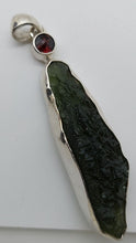 Load image into Gallery viewer, Moldavite Pendant w/Garnet  925  Bezel Set w/Certificate of Authenticity 9.06gr
