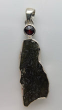 Load image into Gallery viewer, Moldavite Pendant w/Garnet  925  Bezel Set w/Certificate of Authenticity 5.93gr
