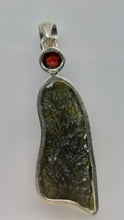 Load image into Gallery viewer, Moldavite Pendant w/Garnet  925  Bezel Set w/Certificate of Authenticity 5.93gr
