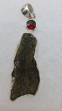 Load image into Gallery viewer, Moldavite Pendant w/Garnet  925  Bezel Set w/Certificate of Authenticity 5.93gr
