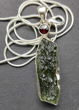 Load image into Gallery viewer, Moldavite Pendant w/Garnet  925  Bezel Set w/Certificate of Authenticity 6.95gr
