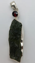 Load image into Gallery viewer, Moldavite Pendant w/Garnet  925  Bezel Set w/Certificate of Authenticity 6.95gr
