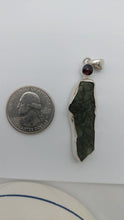 Load image into Gallery viewer, Moldavite Pendant w/Garnet  925  Bezel Set w/Certificate of Authenticity 6.7gr
