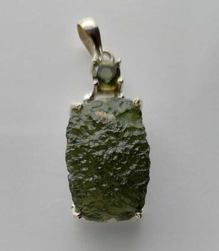 Moldavite + 6mm Square Moldavite Pendant High Quality Rhodium plated Prong Setting With COA