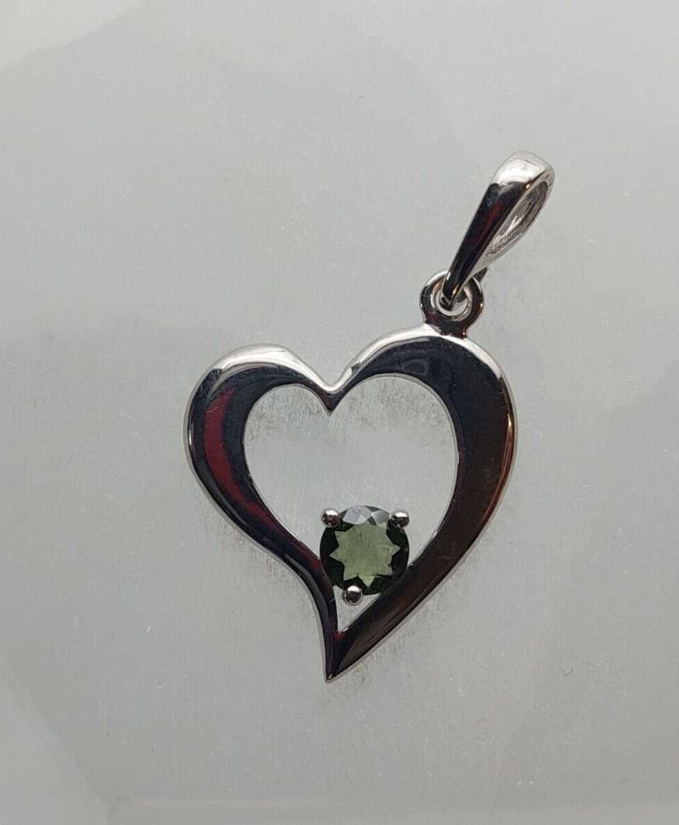 Moldavite Pendant 6mm Round Faceted Gem set in 925 Silver Heart Shape with COA