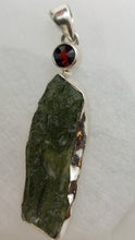 Load image into Gallery viewer, Moldavite Pendant w/Garnet  925  Bezel Set w/Certificate of Authenticity 6.95gr
