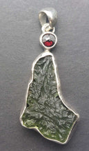 Load image into Gallery viewer, Moldavite Pendant w/Garnet  925  Bezel Set w/Certificate of Authenticity 6.1gr
