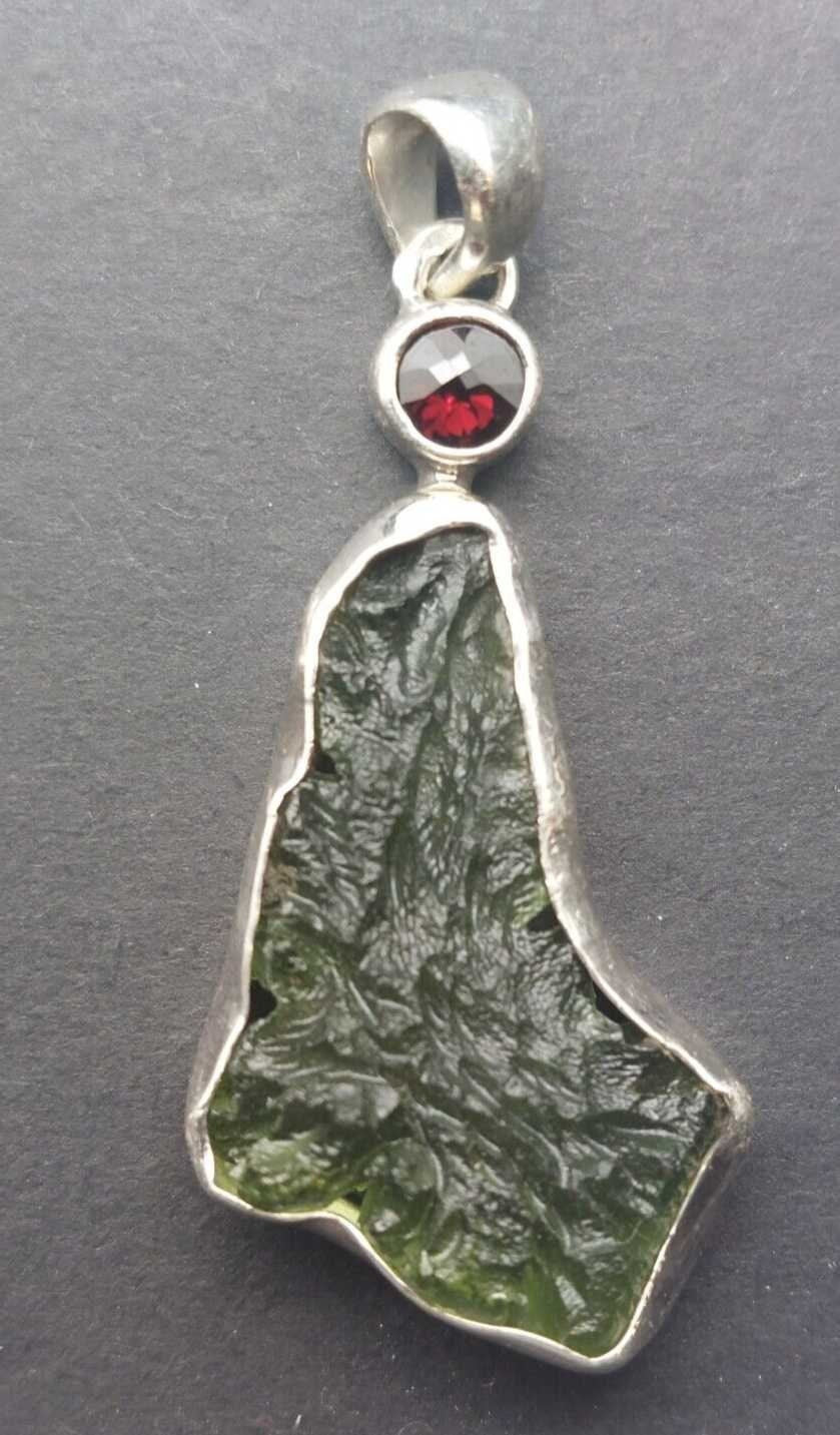 Moldavite Pendant w/Garnet  925  Bezel Set w/Certificate of Authenticity 6.1gr