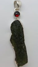 Load image into Gallery viewer, Moldavite Pendant w/Garnet  925  Bezel Set w/Certificate of Authenticity 5.66gr
