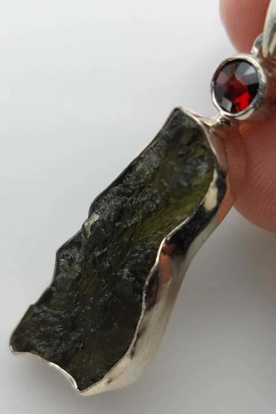 Moldavite Pendant w/Garnet  925  Bezel Set w/Certificate of Authenticity 5.93gr