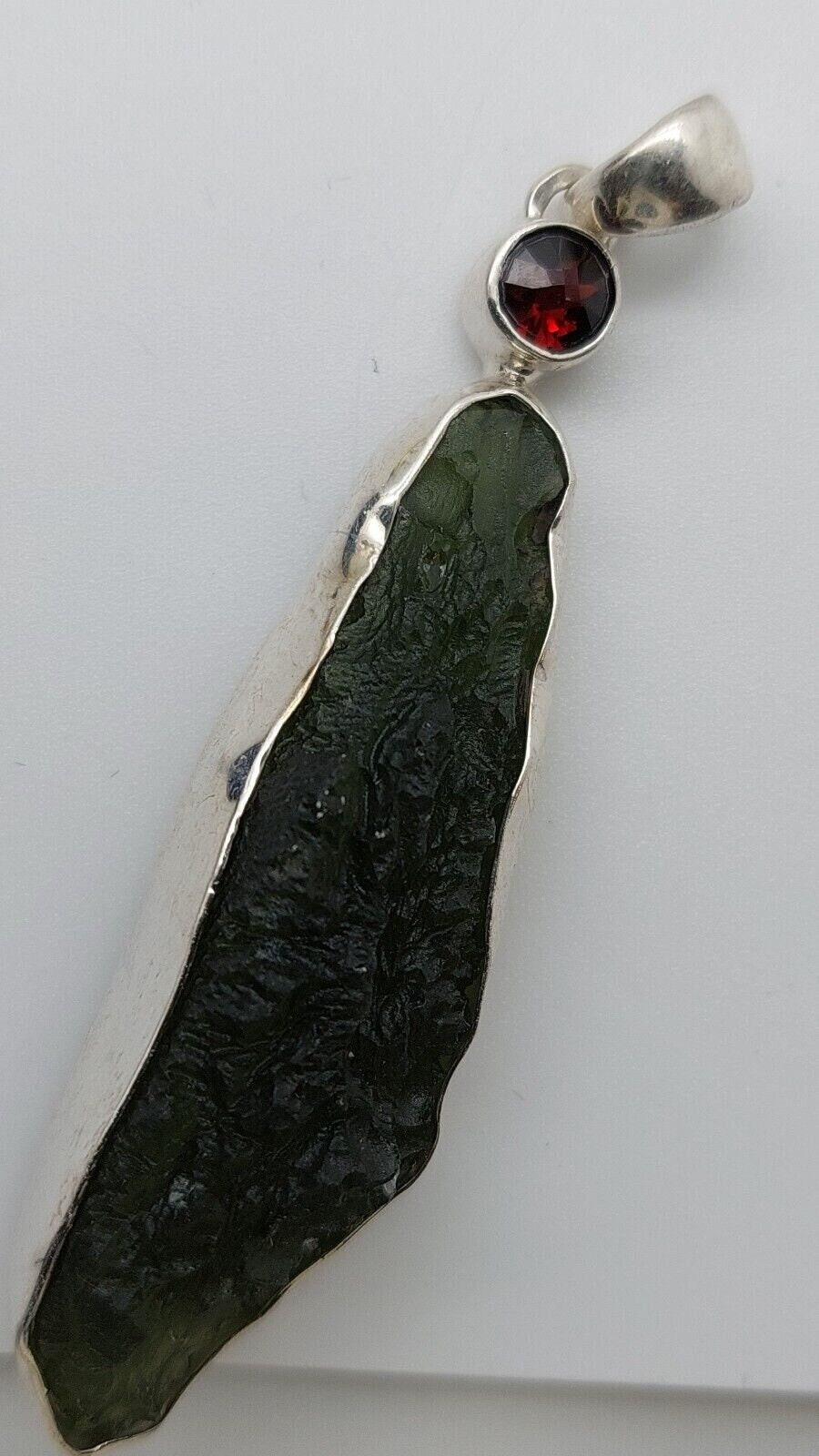 Moldavite Pendant w/Garnet  925  Bezel Set w/Certificate of Authenticity 9.06gr