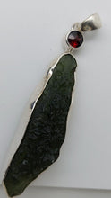 Load image into Gallery viewer, Moldavite Pendant w/Garnet  925  Bezel Set w/Certificate of Authenticity 9.06gr
