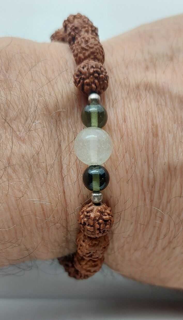 Moldavite, LDG, Rudraksha Bracelet 8mm 1xLDG Bead + 2x5mm Moldavite Beads w/COA